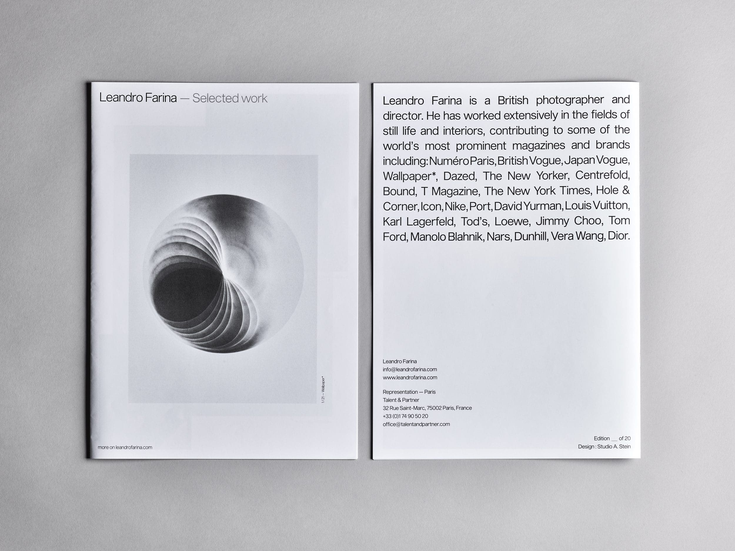 Conception de brochure pour le photographe Leandro Farina